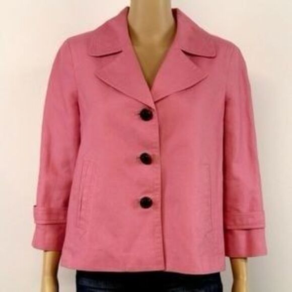 Talbots Women's Pink Linen Cotton Blend Crop Button Down Lined Peacoat Petite 8 - Picture 1 of 7